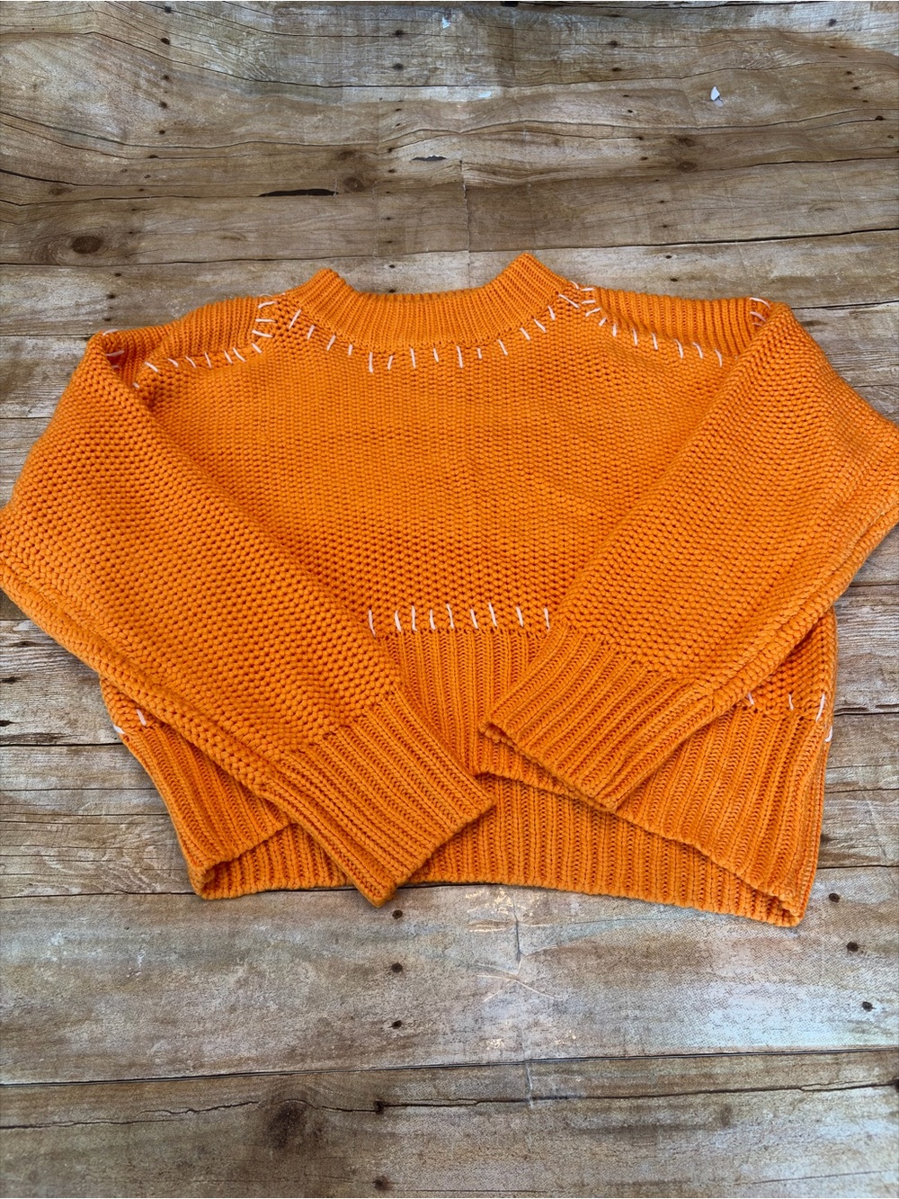 Women's Orange Rib & Stitch Detail Crewneck Sweater